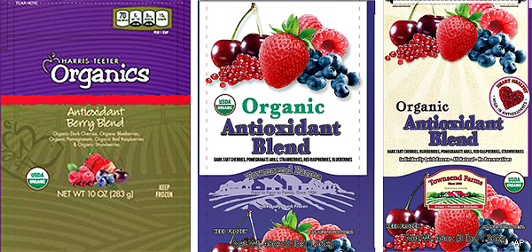 This handout image provided by the Food and Drug Administration (FDA) shows the label of Harris Teeter's Townsend Farms of Fairview, Ore., Organic Antioxidant Berry Blend, packaged under the Townsend Farms label at Costco and under the Harris Teeter brand at those stores. The Oregon company is recalling a frozen berry mix sold to Costco and Harris Teeter stores after the product was linked to at least 34 hepatitis A illnesses in five states. (AP/FDA)
